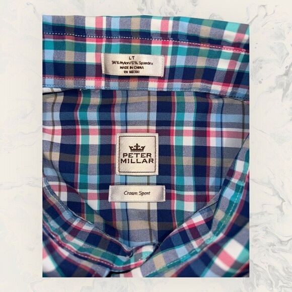 Peter Millar Mens Crown Sport Shirt Long Sleeve Blue Pink Green Plaid Size LT - Picture 5 of 6